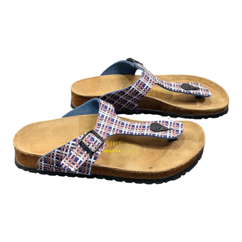Papillio Gizeh Sandals Womens 38 (7 to 7.5) Blue Plaid T-Strap Thong Birkenstock